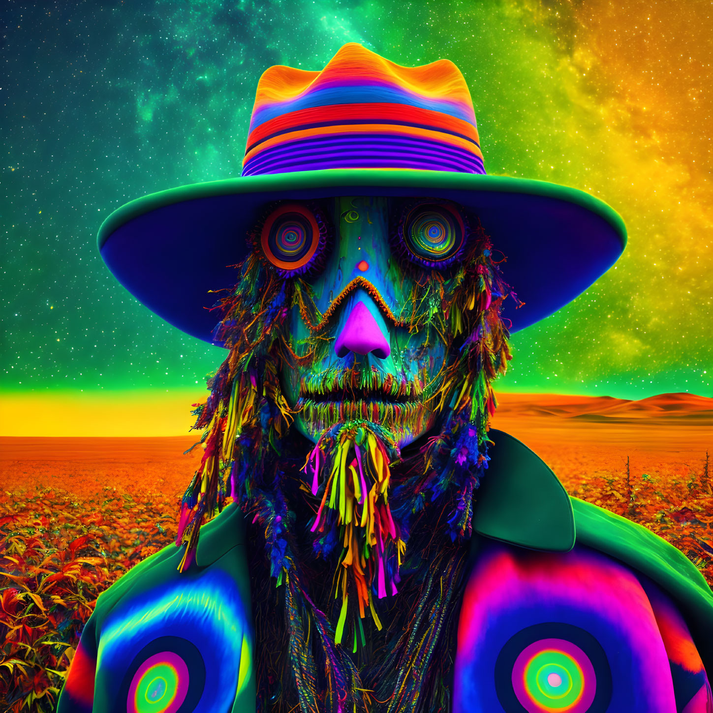 Colorful psychedelic portrait with skull-faced figure in striped hat in neon landscape.