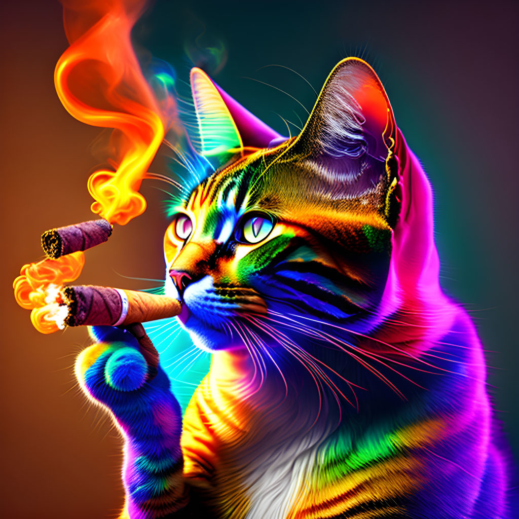 Colorful Cat Smoking Cigar on Gradient Background