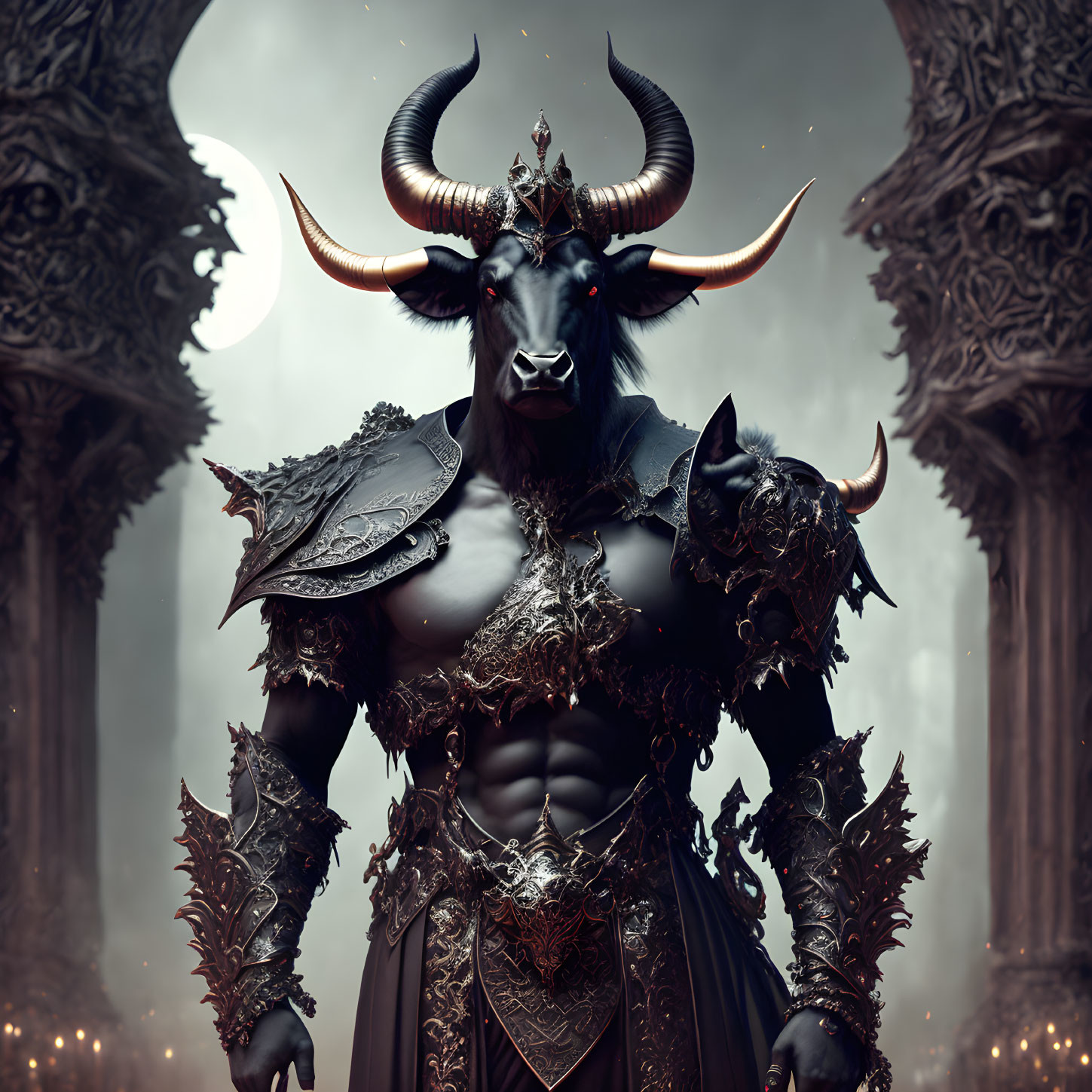 Mythical Bull-Headed Figure in Dark Armor and Gothic Setting