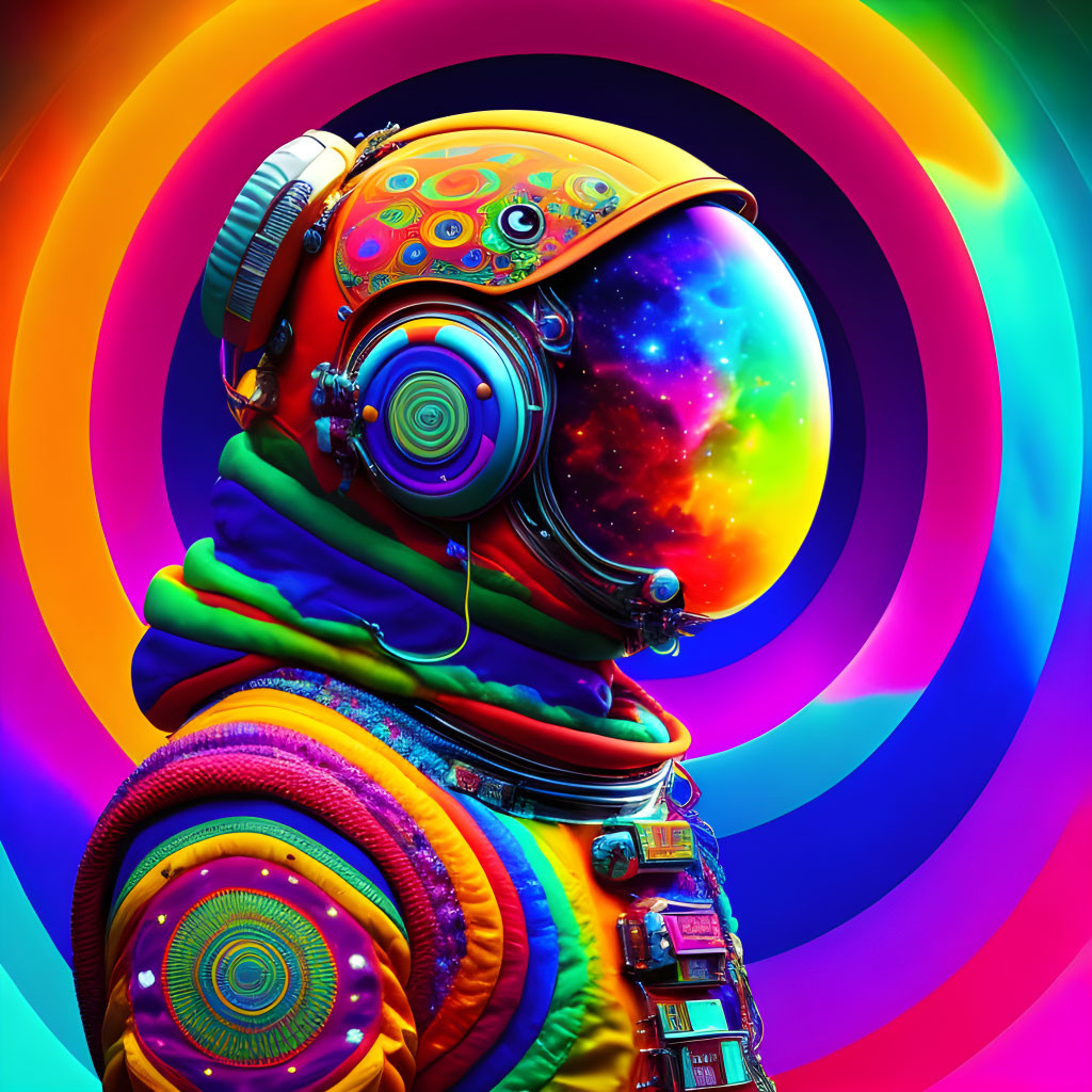 Colorful Astronaut Digital Artwork with Psychedelic Spacesuit and Cosmic Nebulae