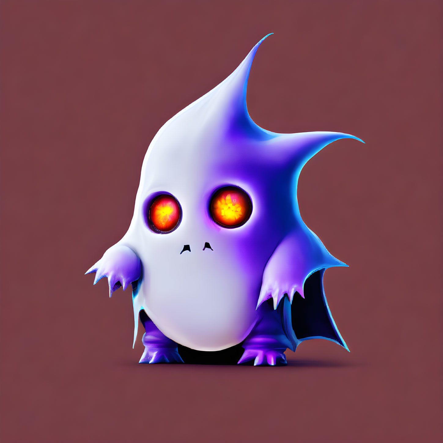 Stylized cute ghost-like creature with white body, purple accents, bat wings, and red eyes