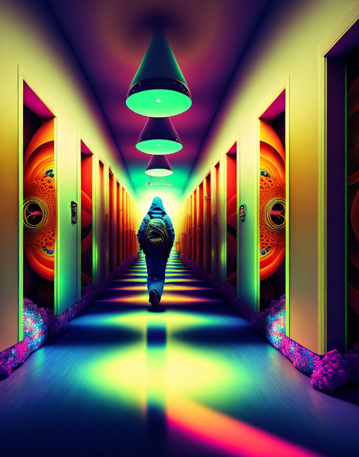 Colorful Psychedelic Hallway with Figure Walking Towards Glowing Light