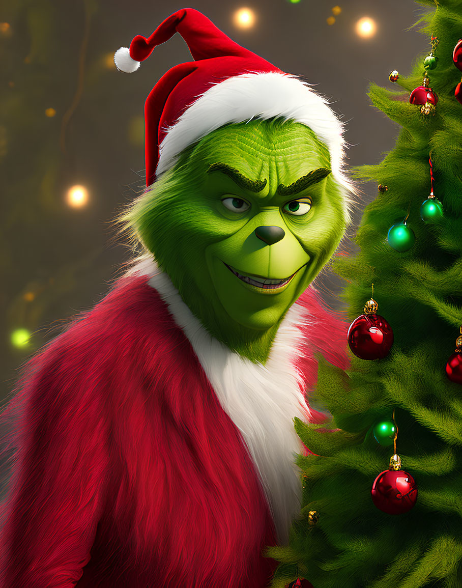 Grinch in Santa Outfit Beside Christmas Tree