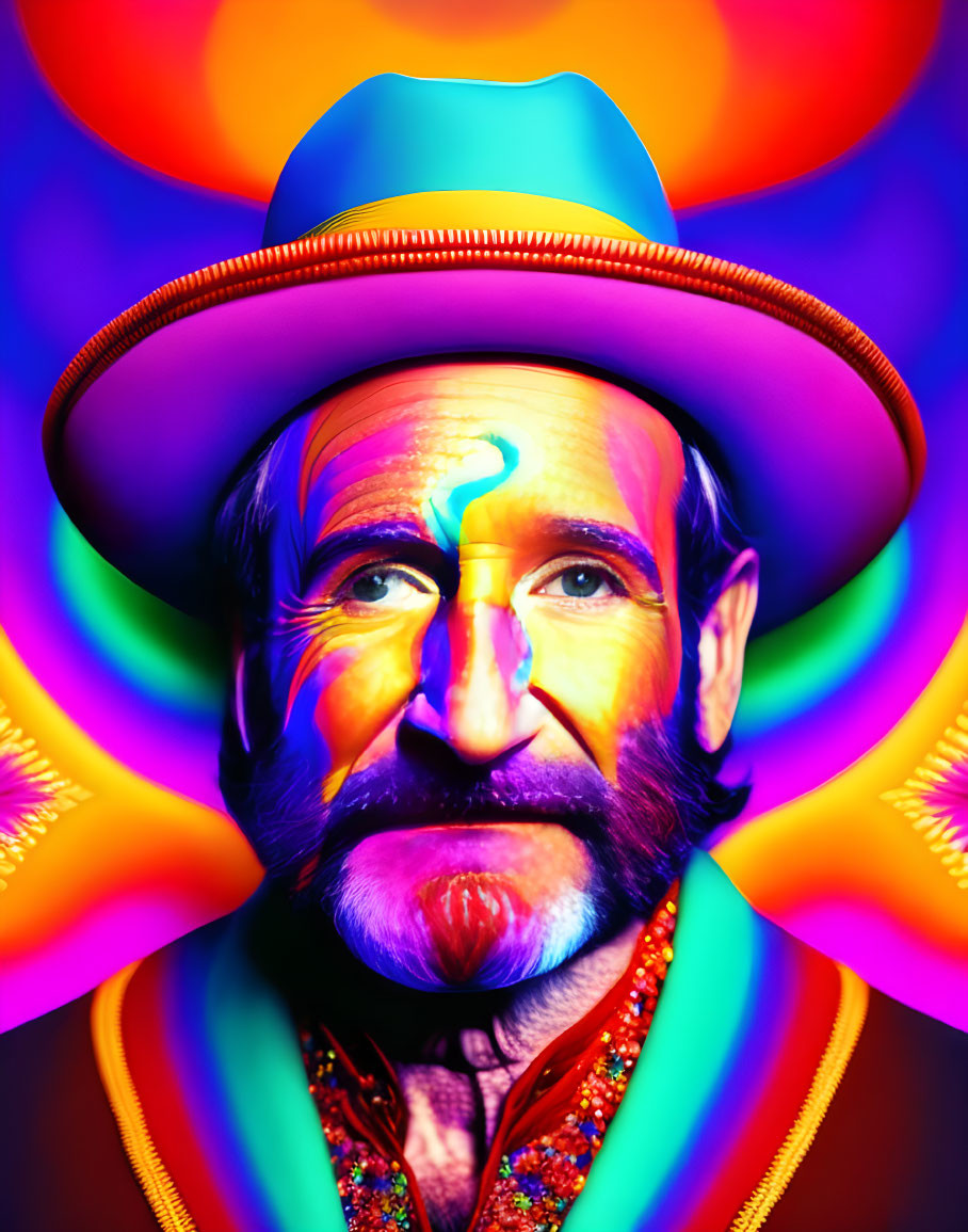 Colorful portrait of man with painted face and sequined outfit on psychedelic background