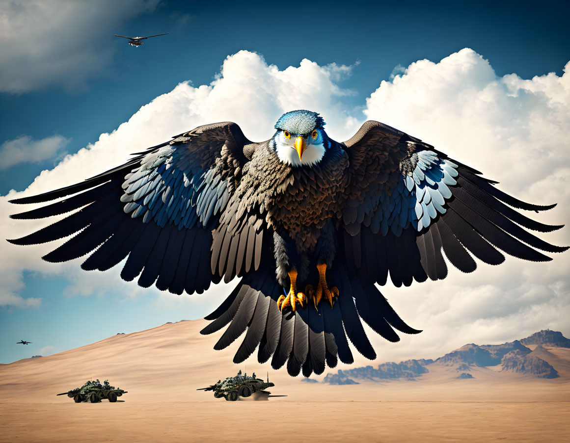 Large eagle flying over desert with tanks and helicopters