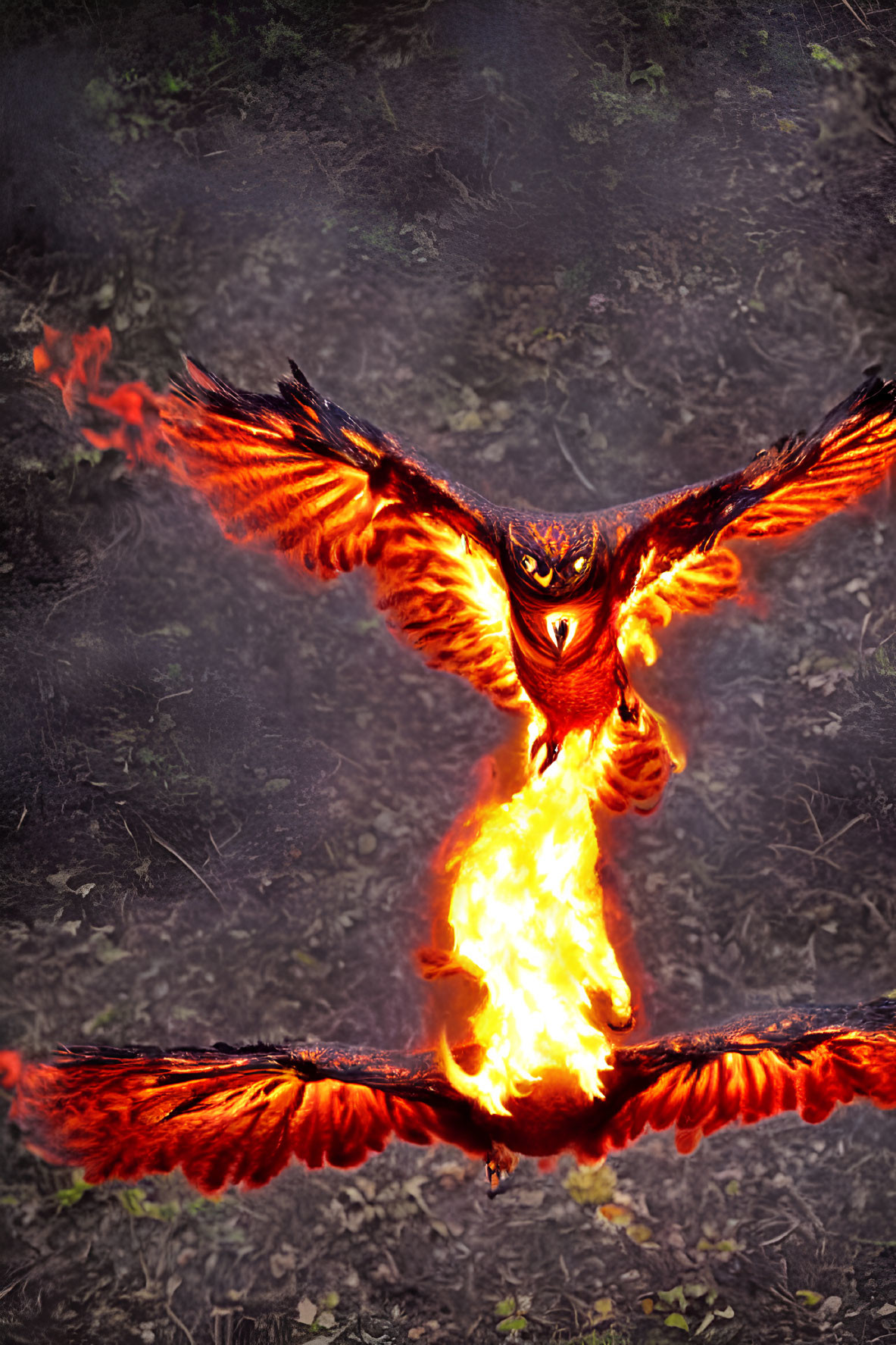 Fiery phoenix soaring with spread wings in dark forest