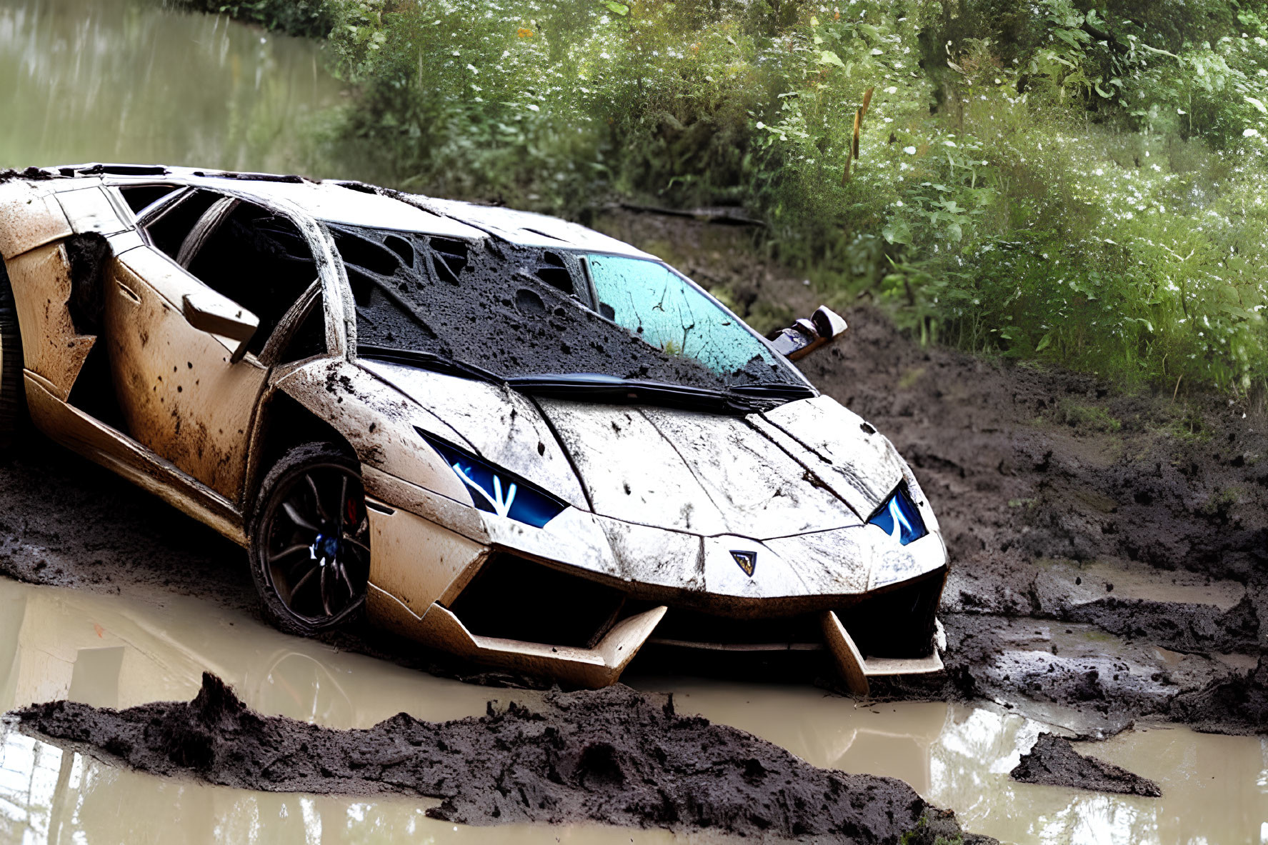 Luxury sports car trapped in muddy pit with splattered body and submerged tires