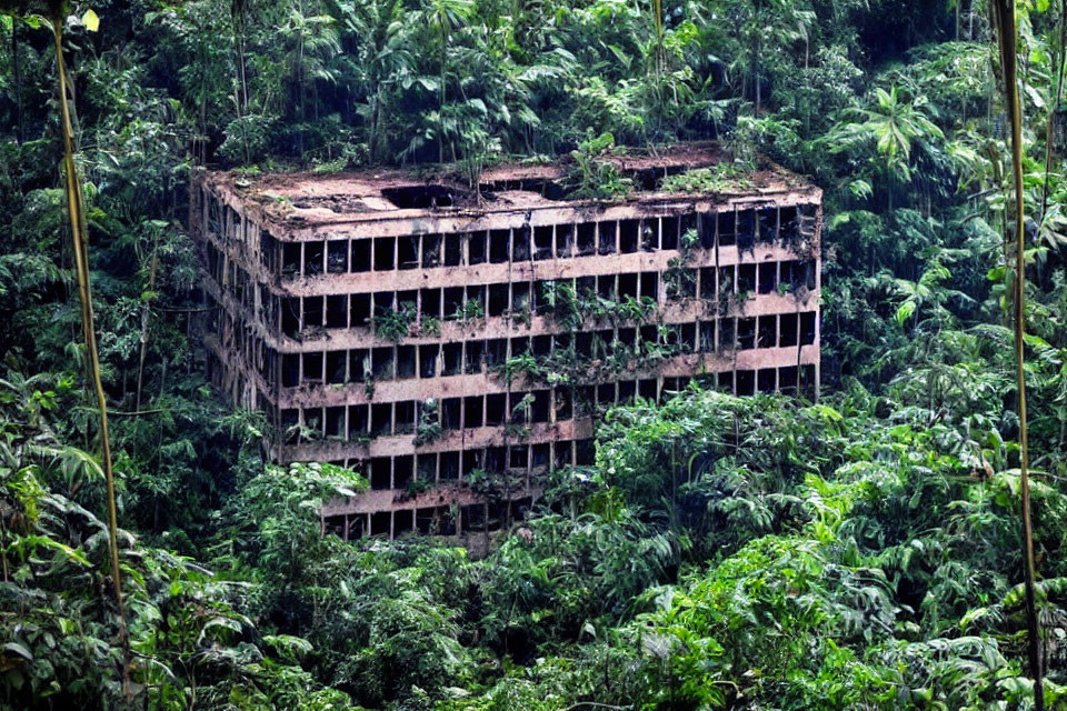 Abandoned multi-story building covered in forest vegetation