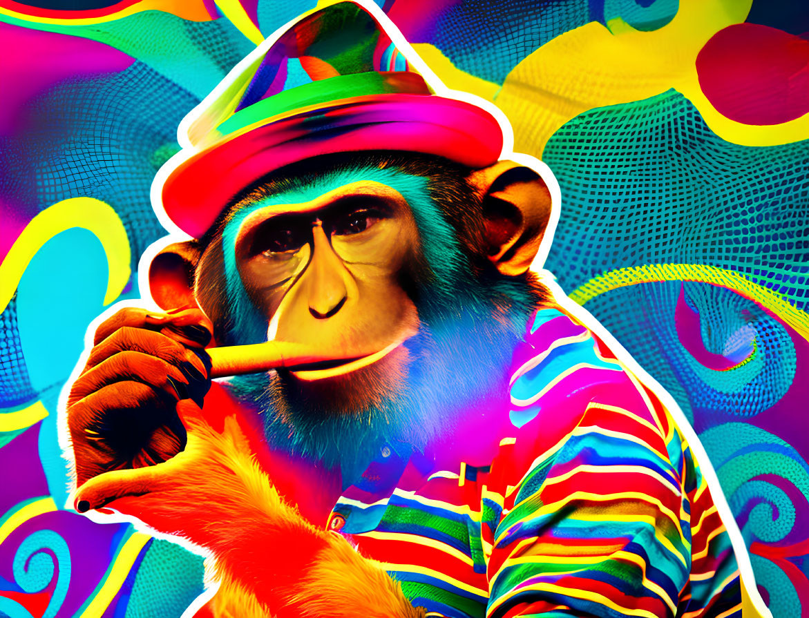 Colorfully dressed chimpanzee plays brass instrument in vibrant setting