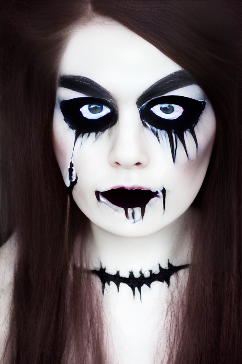 Dramatic black and white gothic makeup with exaggerated eyes and dripping lips