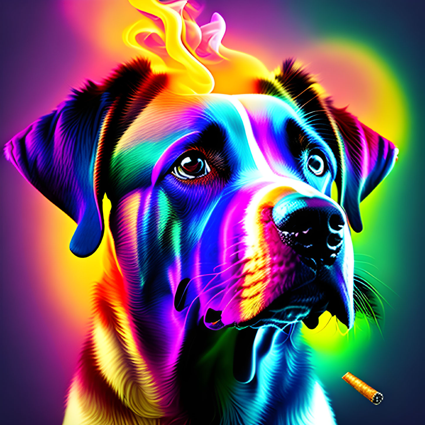 Colorful Digital Art: Dog with Neon Rainbow Palette and Cigarette