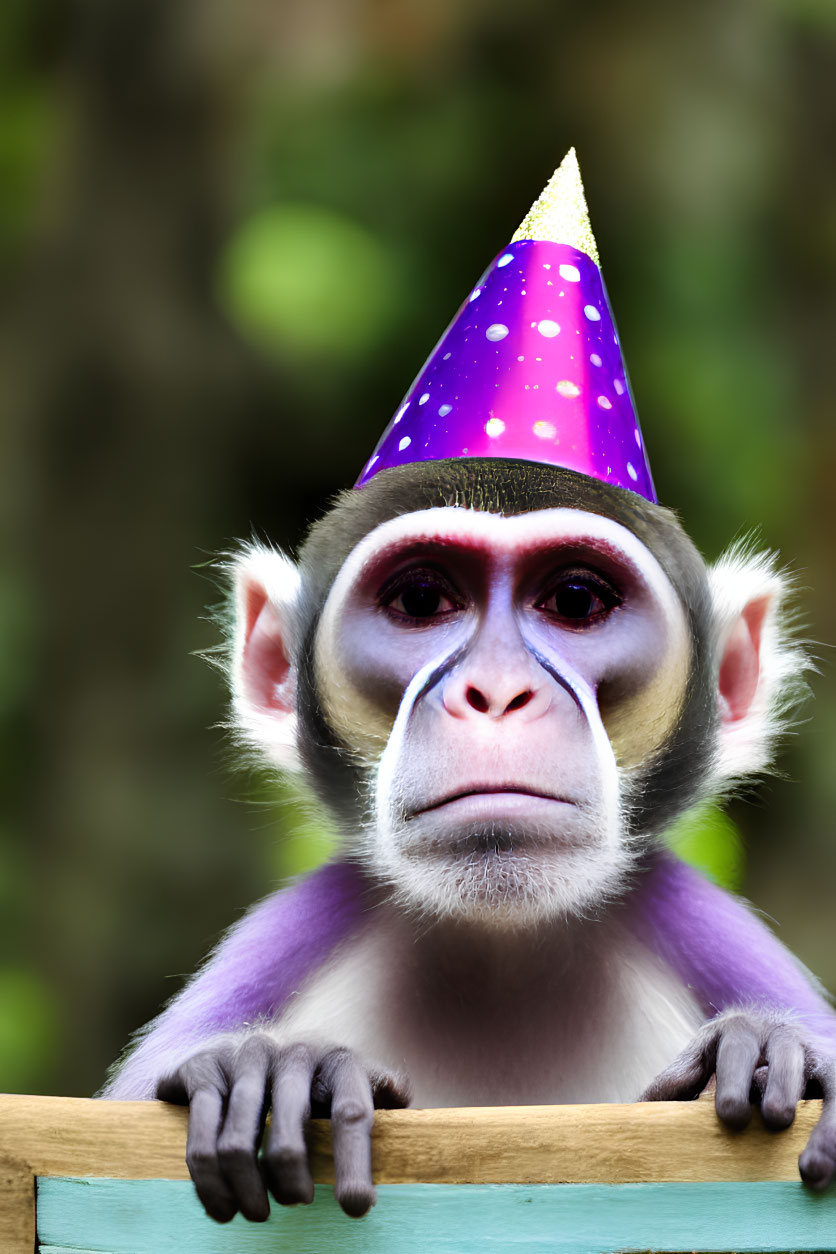 Monkey in Purple Party Hat Peeks Over Wooden Barrier