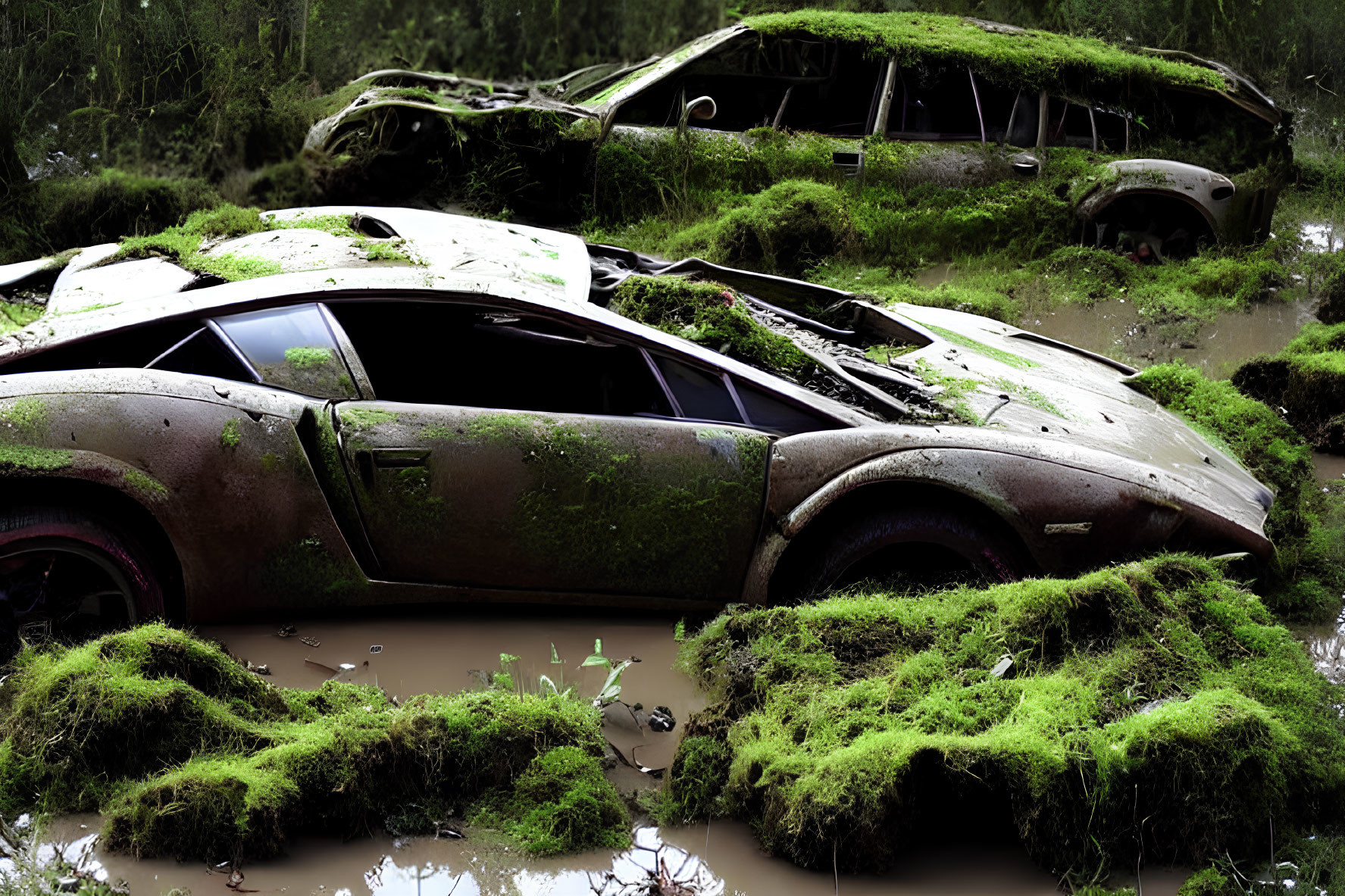 Decaying sports car and vehicles overtaken by moss in muddy water