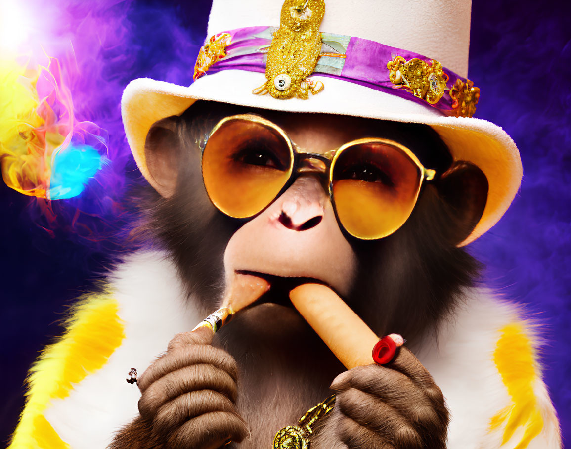 Chimpanzee in white hat and fur coat with cigar and sunglasses