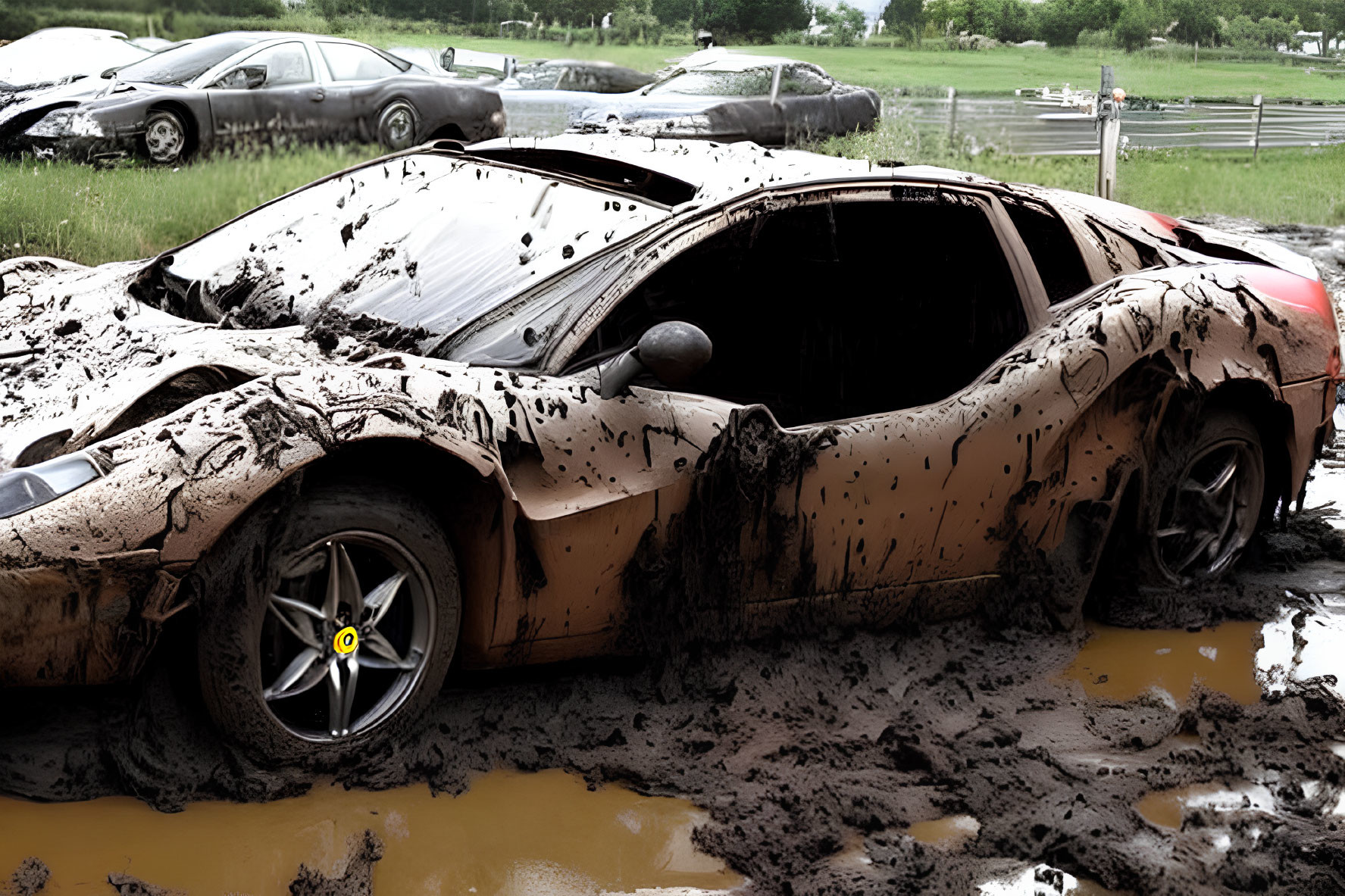 Mud-Covered Sports Car Abandoned in Muddy Field