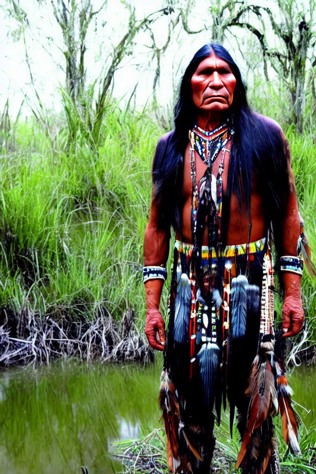 Native American person in traditional attire in wetland grassland