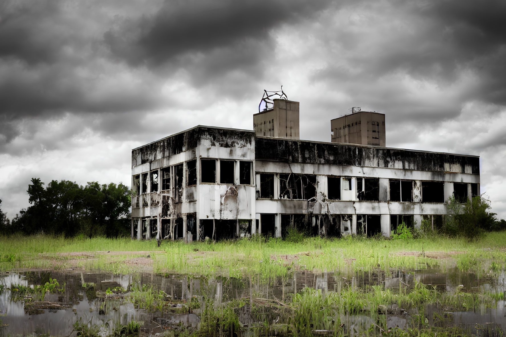 Dilapidated two-story building in overgrown surroundings