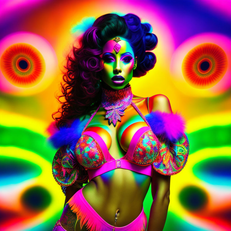 Colorful Bikini and Dramatic Makeup Portrait on Psychedelic Background