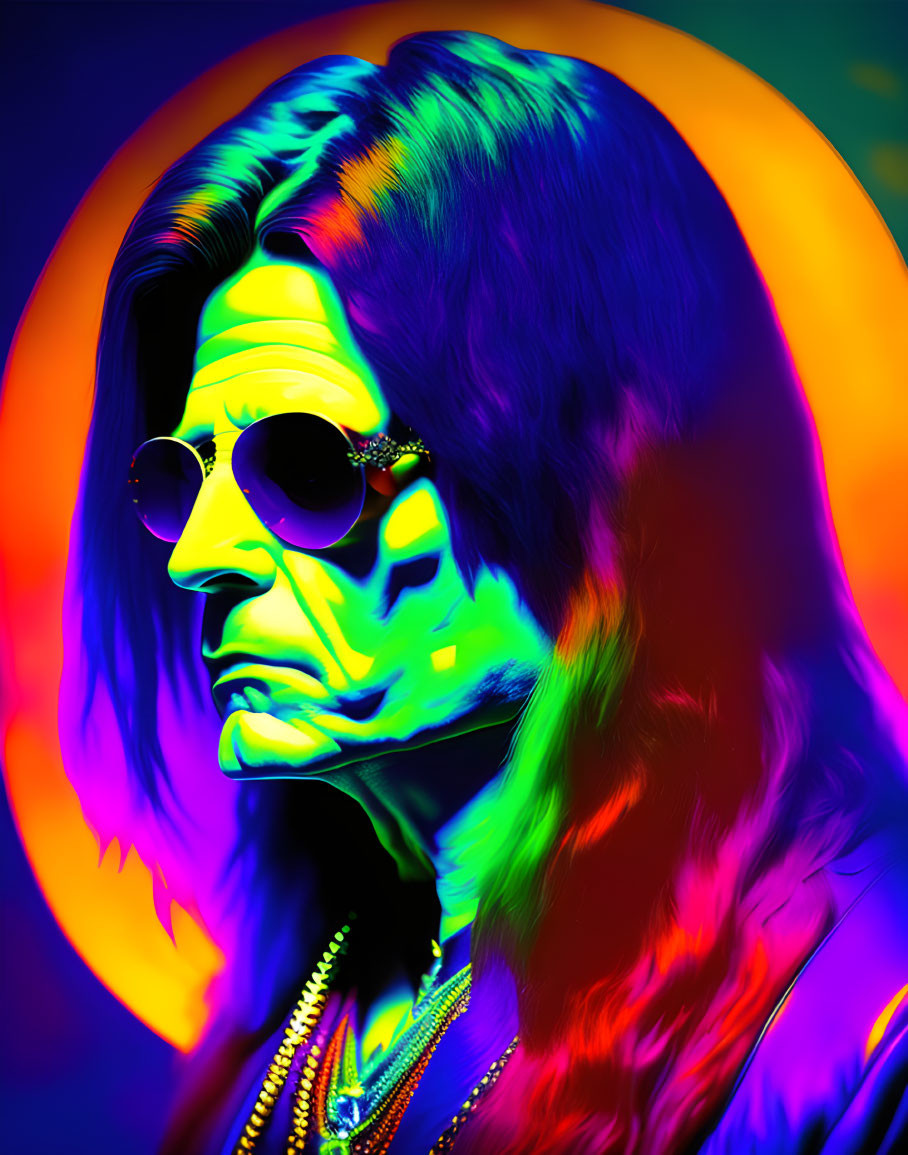 Colorful portrait of a person with long hair and sunglasses in neon psychedelic style