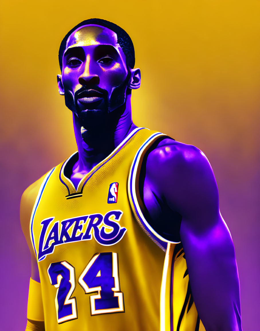 Vibrant purple and yellow portrait of basketball player in Lakers jersey number 24