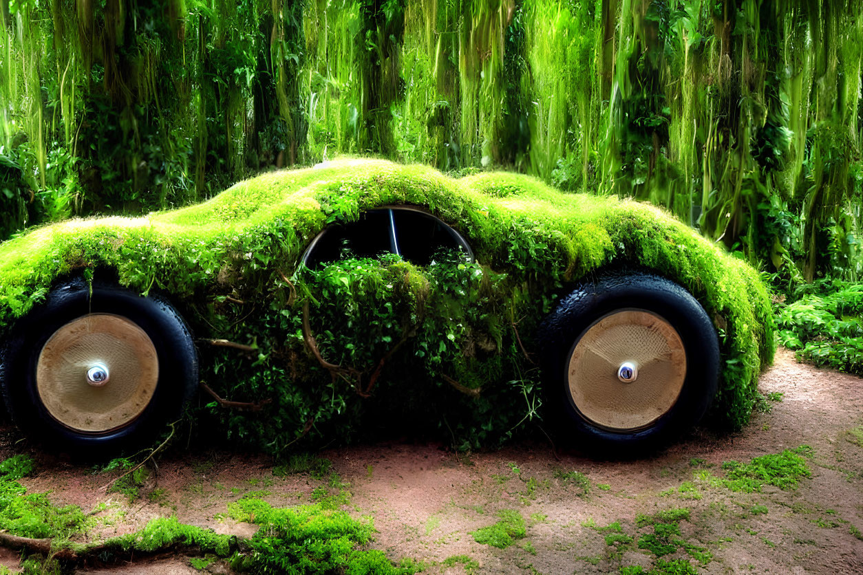 Old car covered in green moss in dense forest