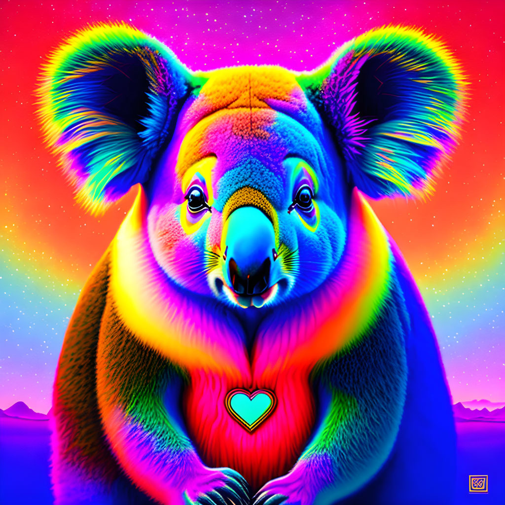 Colorful Psychedelic Koala Artwork with Rainbow Gradient and Heart Detail