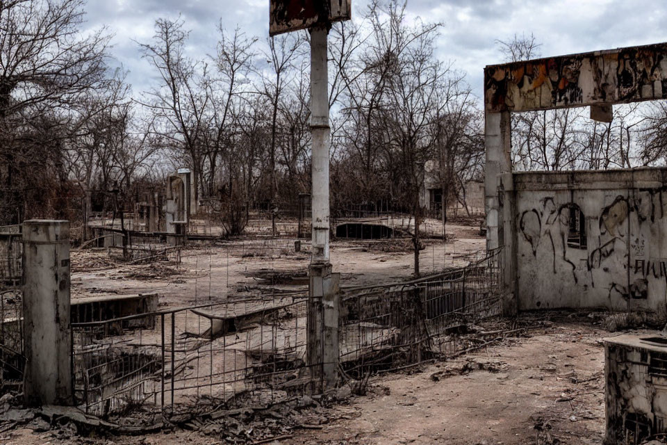 Abandoned area with bare trees, graffiti, and remnants under cloudy sky