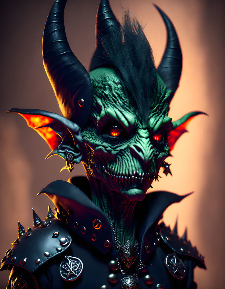 Fantasy creature with green skin, red eyes, horns, and spiked armor