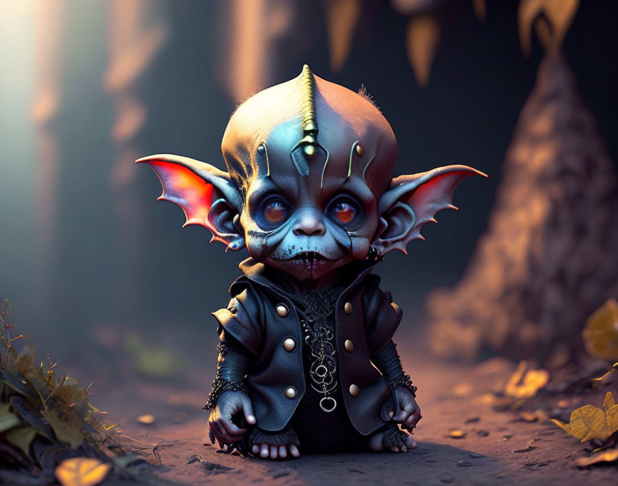 Fantasy creature with bat-like ears and studded jacket in mystical forest