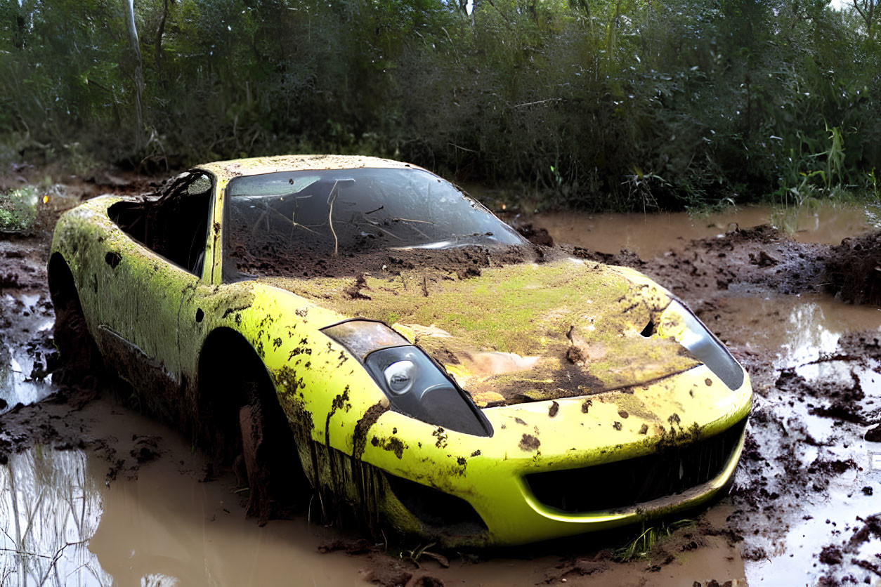 Yellow Sports Car Stuck in Mud Field