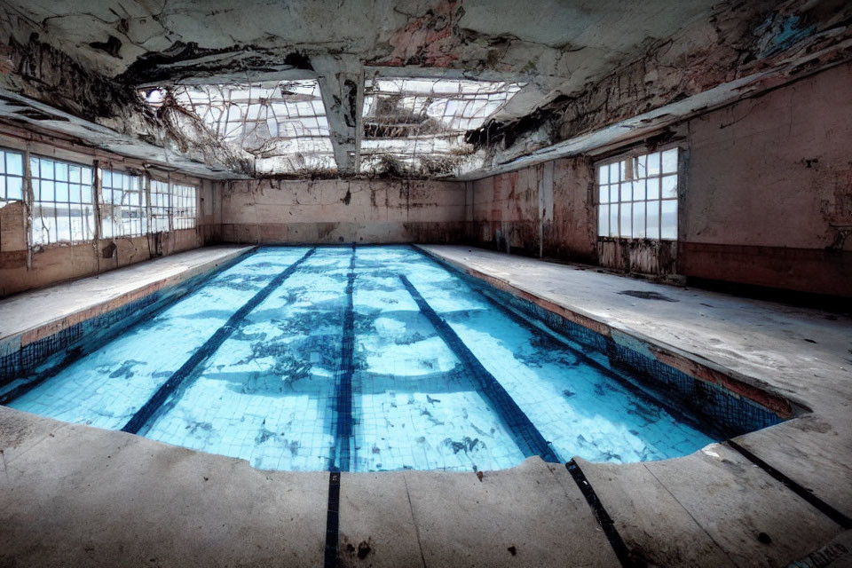 Decaying indoor swimming pool with peeling paint and debris