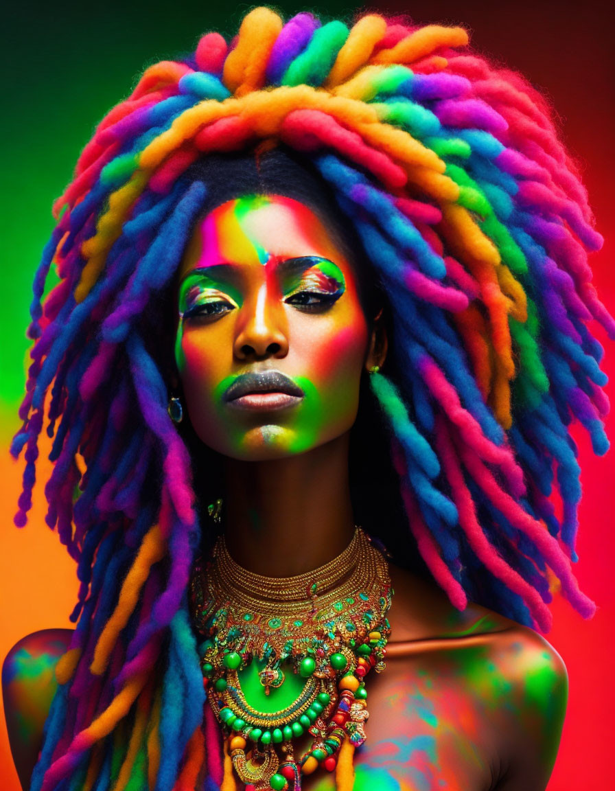 Colorful Woman with Rainbow Dreadlocks and Ornate Jewelry