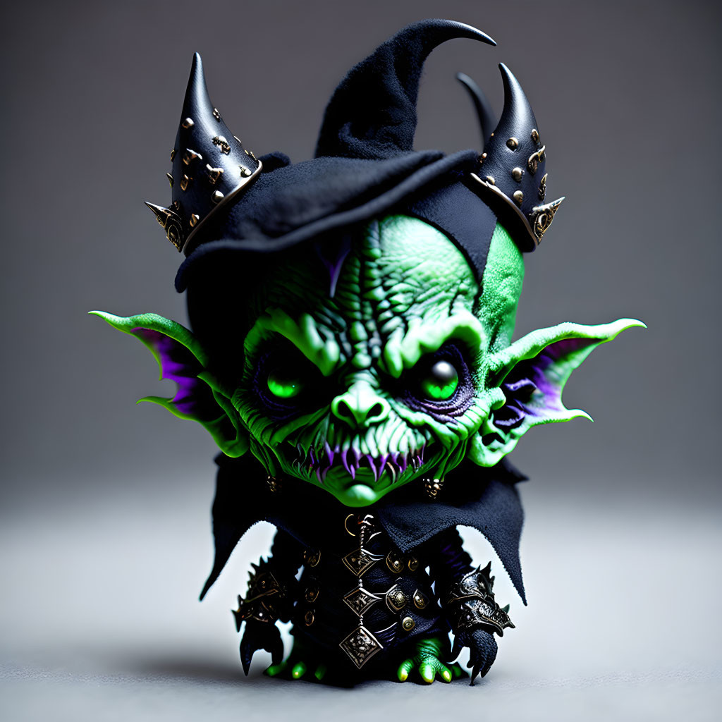 Detailed green-skinned horned creature with purple ears, sharp teeth, spiked collar, and dark cloak