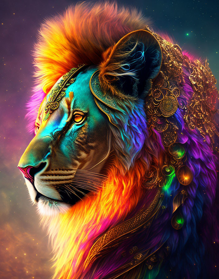 Colorful lion profile with ornate jewelry on cosmic background