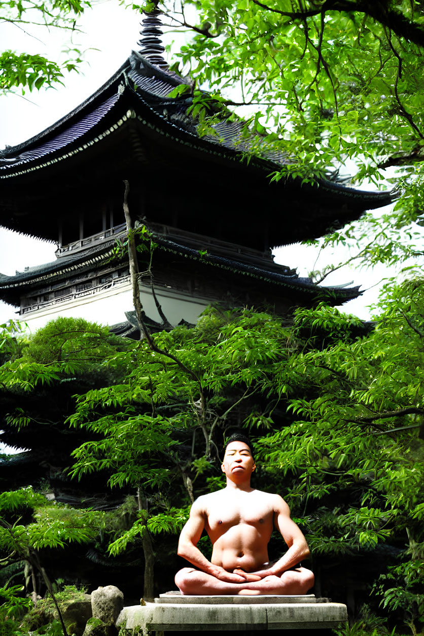 Shirtless person meditating in front of lush pagoda landscape