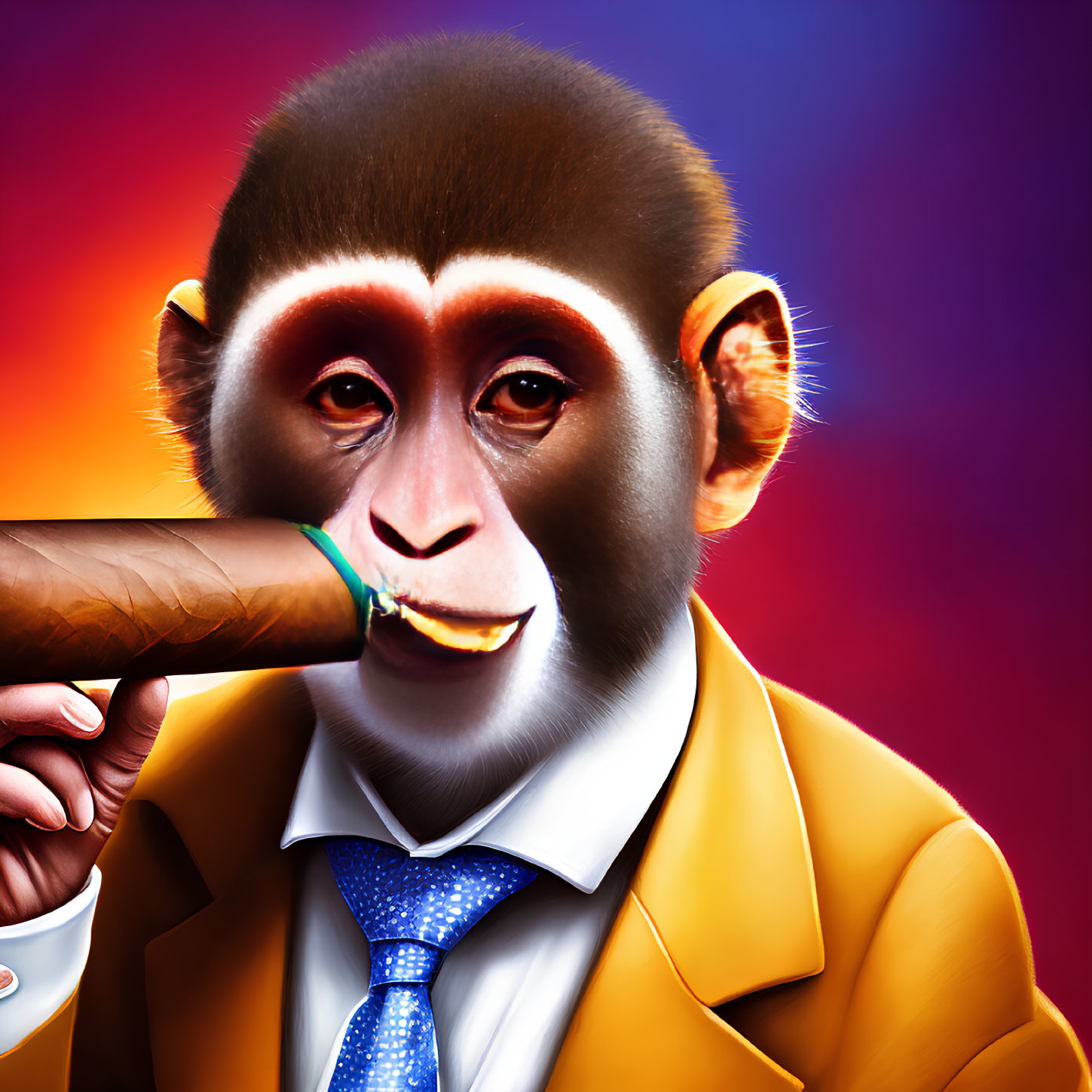 Monkey in Yellow Jacket and Blue Tie Smoking Cigar on Red and Purple Background