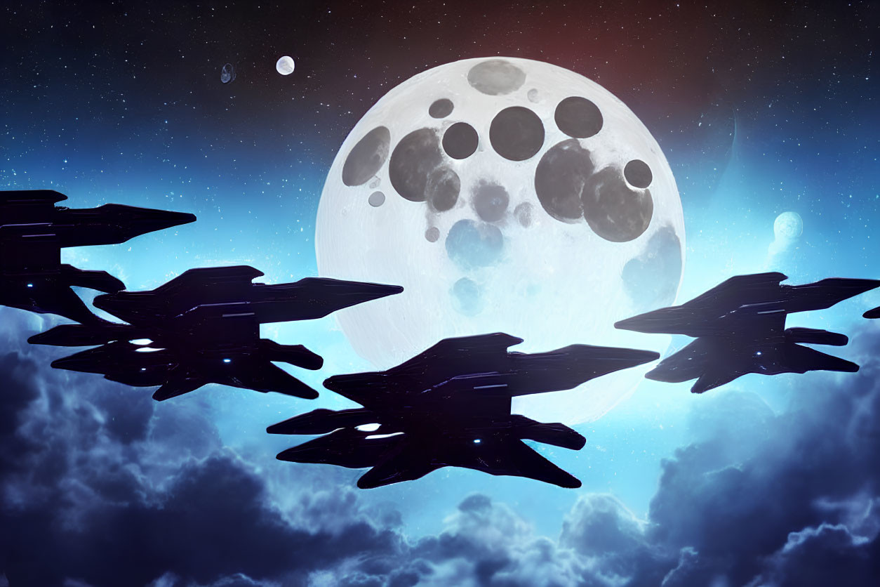 Futuristic spaceships in night sky with moon & planets