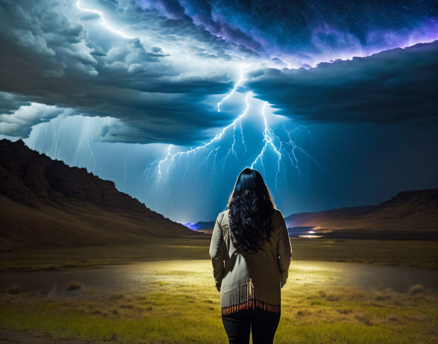 Person facing powerful lightning strike in vast night landscape