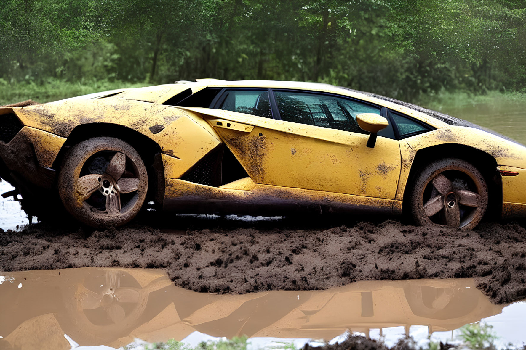 Muddy yellow Lamborghini stuck in mud near water