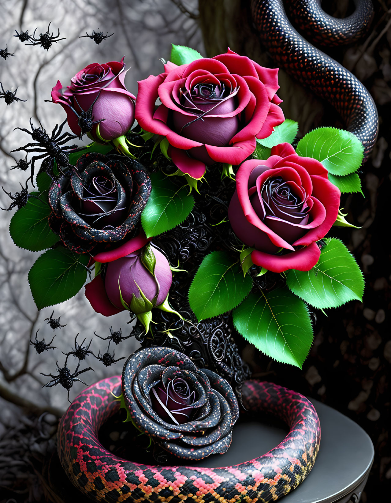 Dark Purple and Pink Rose Bouquet with Black Snake and Gothic Elements