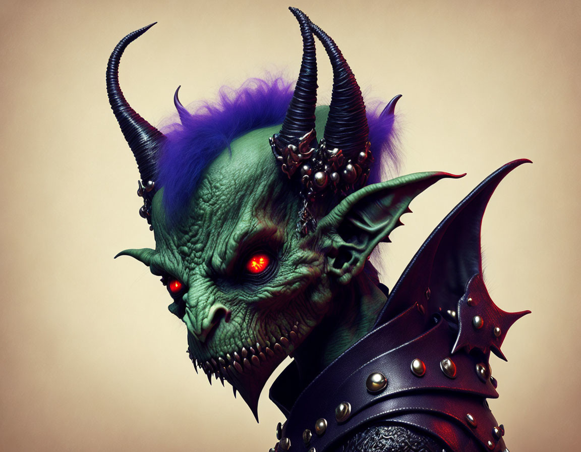 Fantastical green-skinned creature with red eyes, purple hair, and horns wearing spiked armor