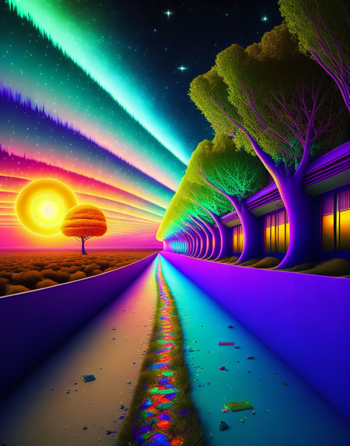 Surreal landscape with radiant sunset and glowing trees