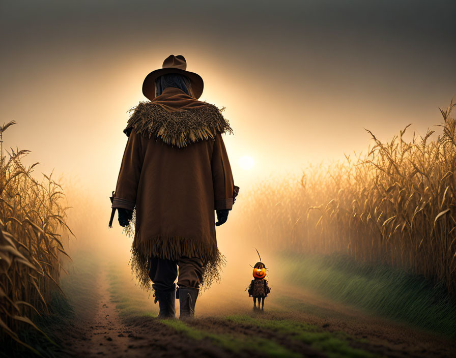 Person and dog in matching outfits on dirt path between cornfields at sunrise or sunset