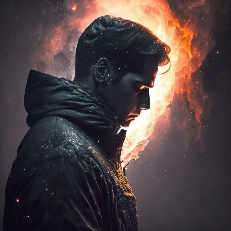 Profile of a man against cosmic backdrop with fiery nebula formations.