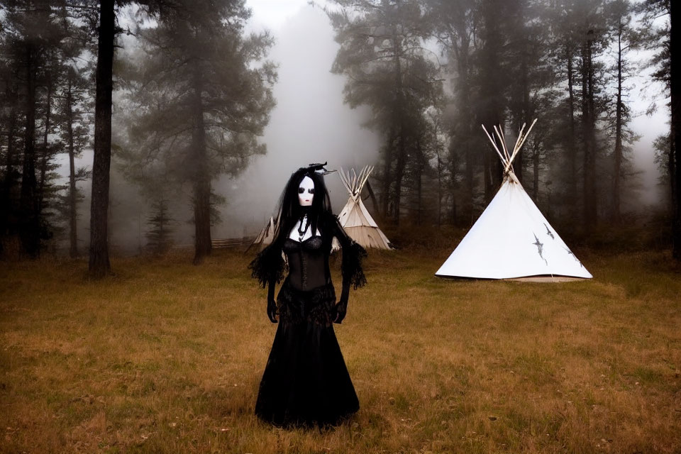 Elaborately dressed figure in misty forest with teepees