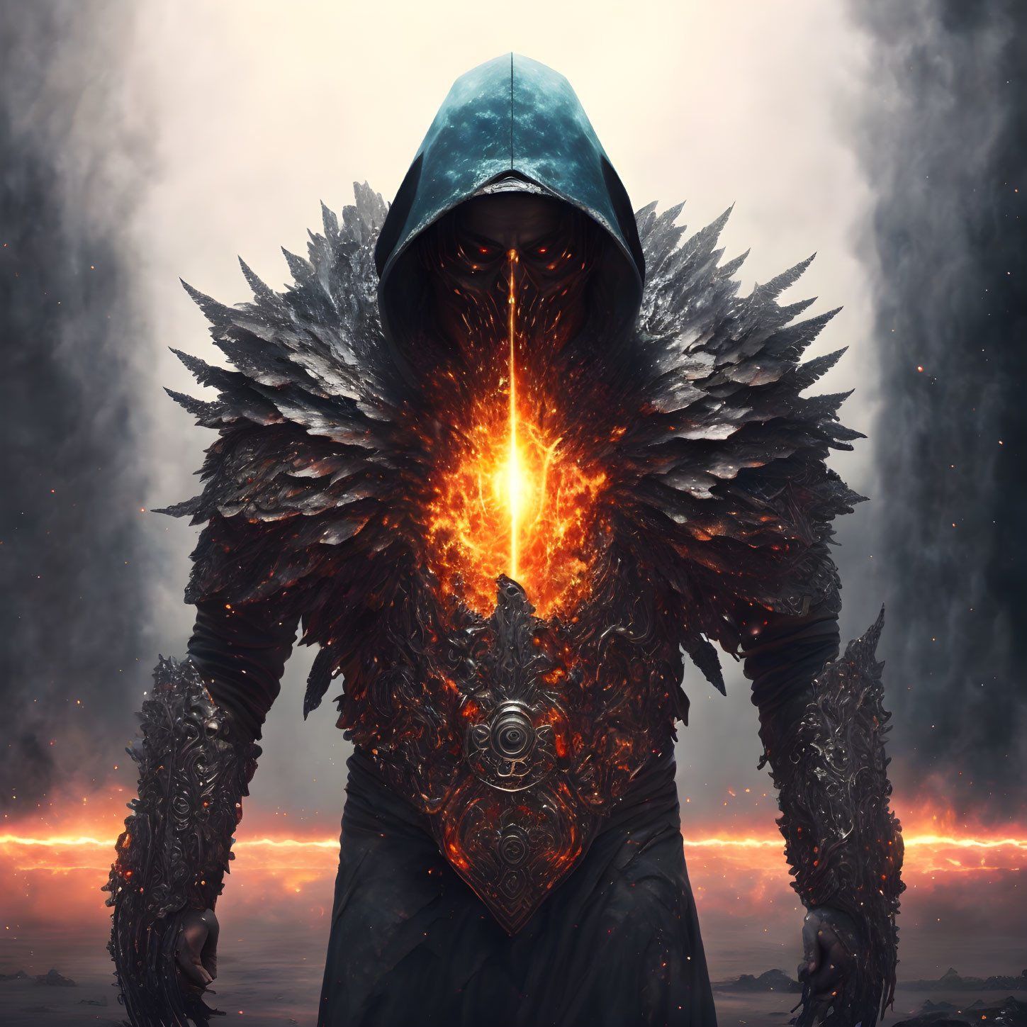 Hooded figure with fiery core in dark armor against ember-lined sky