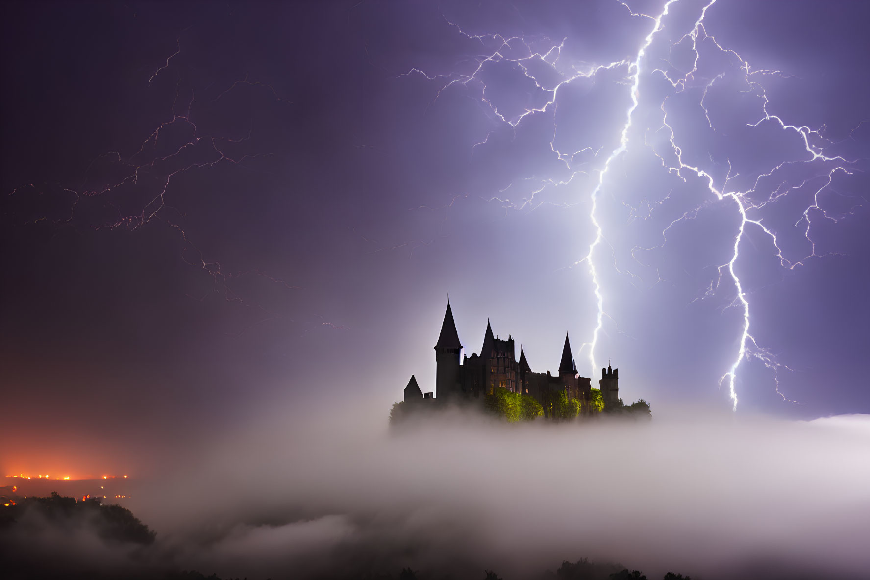 Medieval castle in fog with lightning storm.