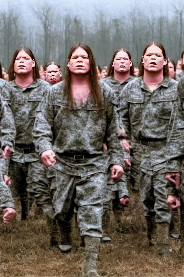 Surreal photo: Soldiers with oversized heads marching in foggy field