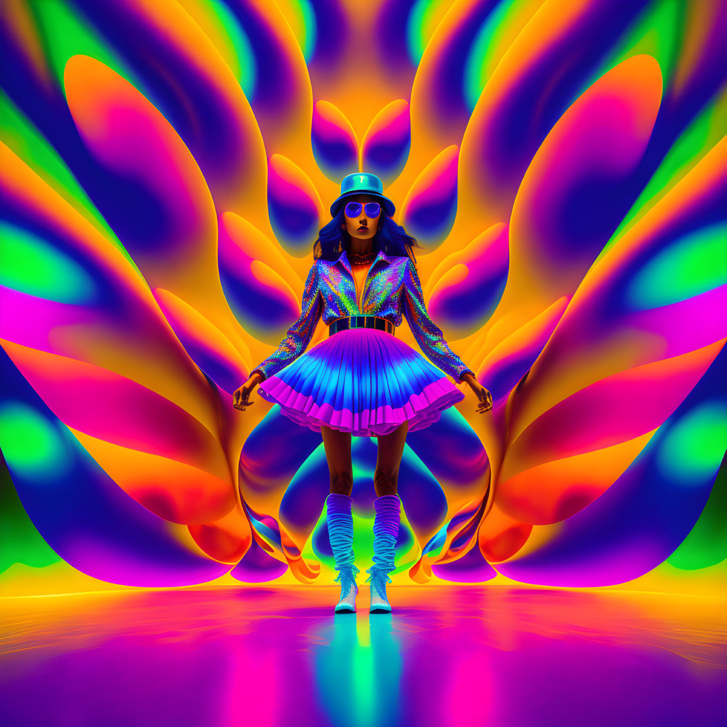 Colorful woman in vibrant attire against psychedelic background