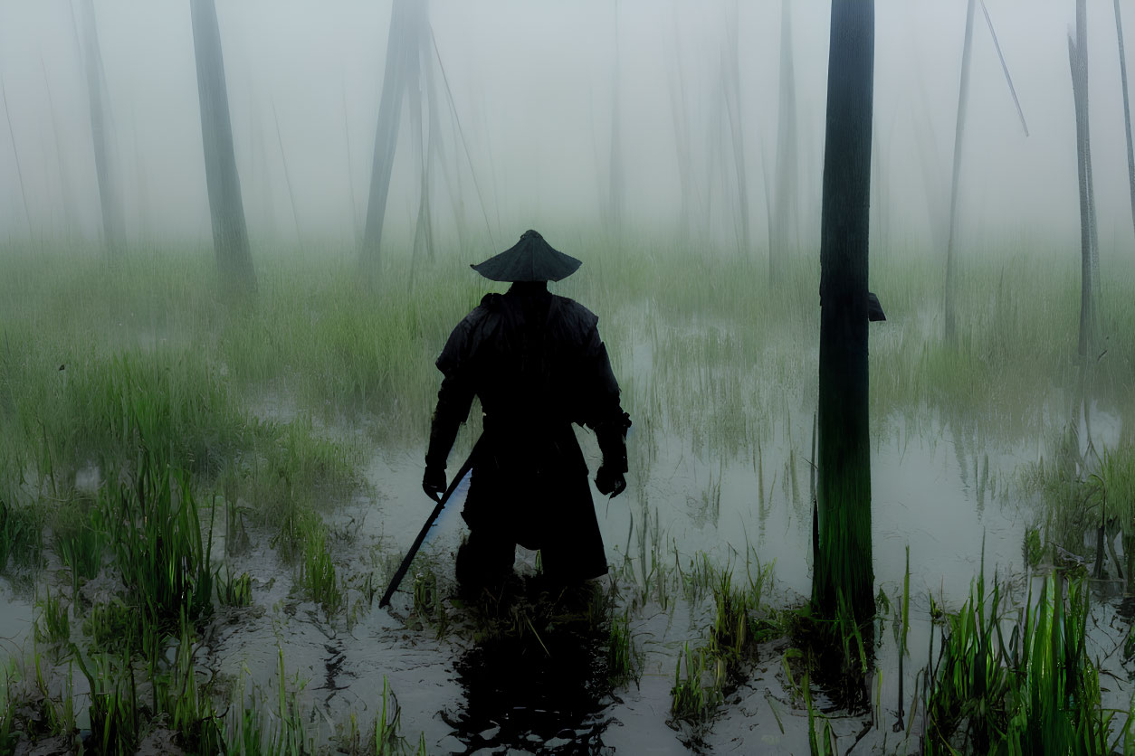 Mysterious figure in conical hat and cloak in misty swamp forest